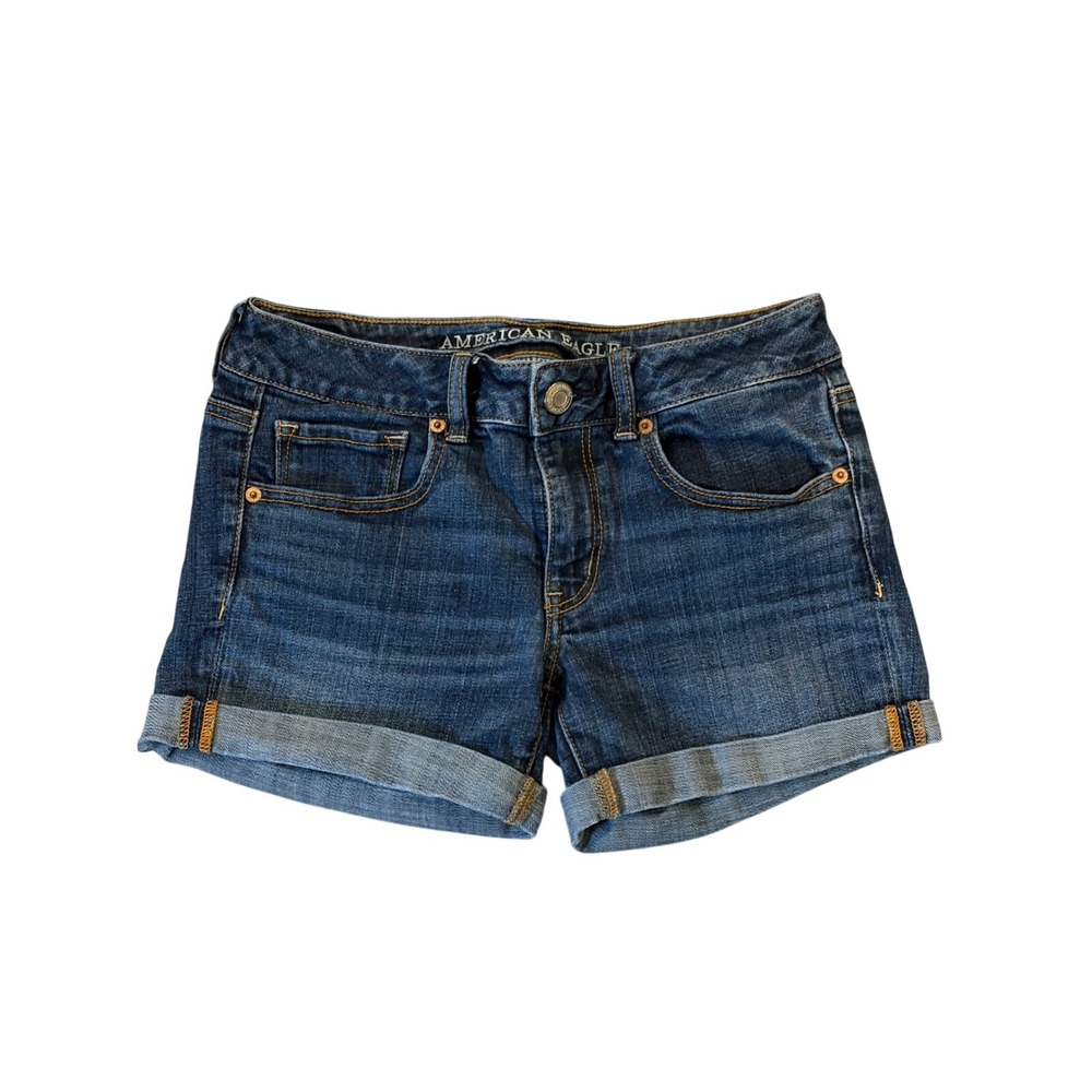 American Eagle Midi Denim Shorts Womens 6 Dark Wash Cuffed Super Stretch Indigo